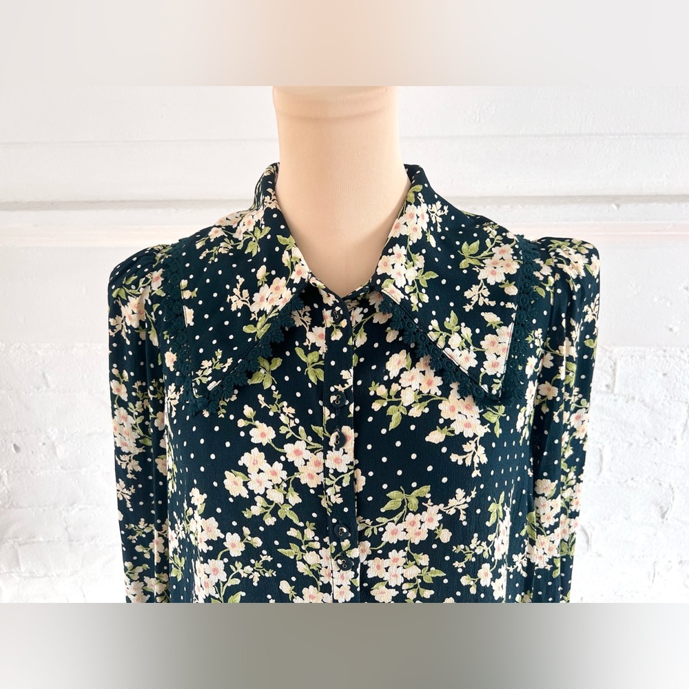 ByTiMo Anthropologie Floral And  Dot Cupro Crepe Button Blouse Dark Blue Navy M - Picture 7 of 12